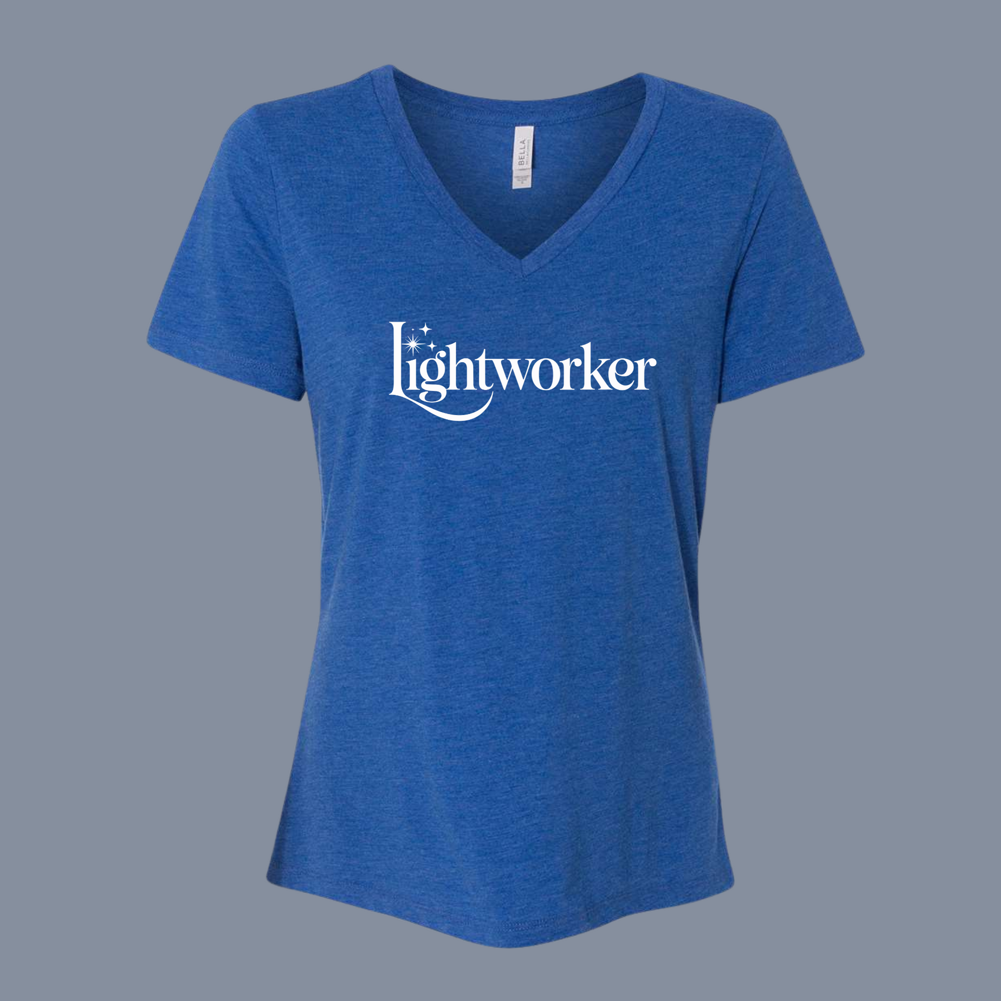 Lightworker womens venck shirt with white letters
