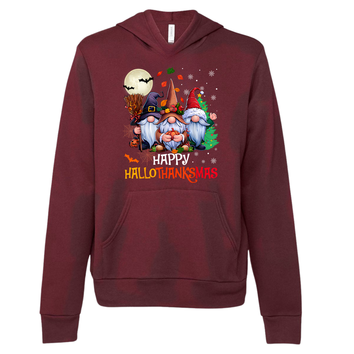 Maroon hoodie with 'Happy Hallothanksmas' design featuring gnomes