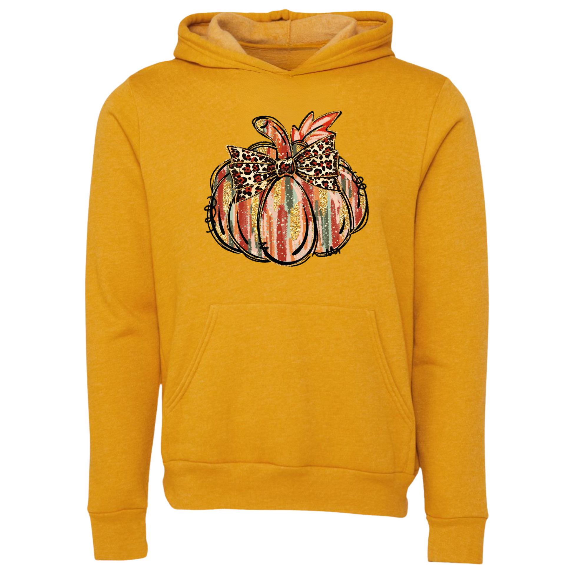 Mustard yellow hoodie with a colorul pumkin design