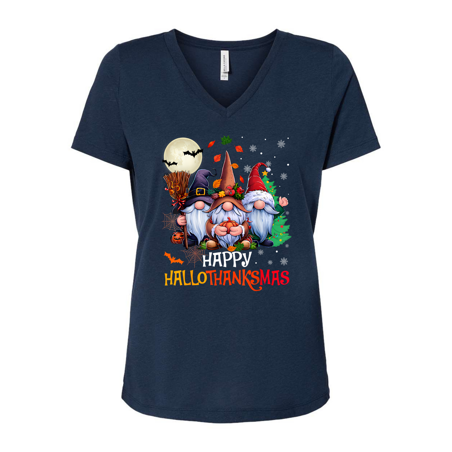 Navy blue t-shirt with 'Happy Hallothanksmas' design featuring gnomes background.