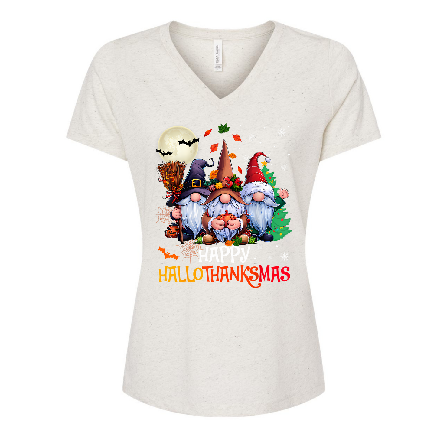 Oatmeal t-shirt with 'Hallothanksmas' design featuring gnomes 