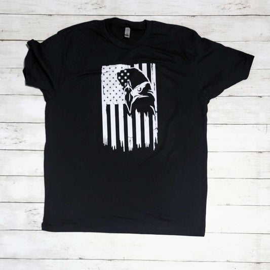 American flag t-shirt with eagle design, patriotic apparel for celebrations.