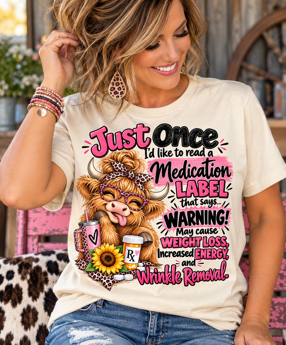Funny Medication Label Highland Cow Graphic Tee