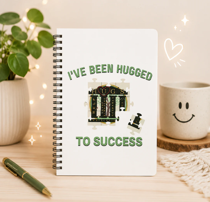 I've Been Hugged to Success spiral notebook with puzzle-piece design, durable plastic cover, and metal spiral binding for journaling and note-taking