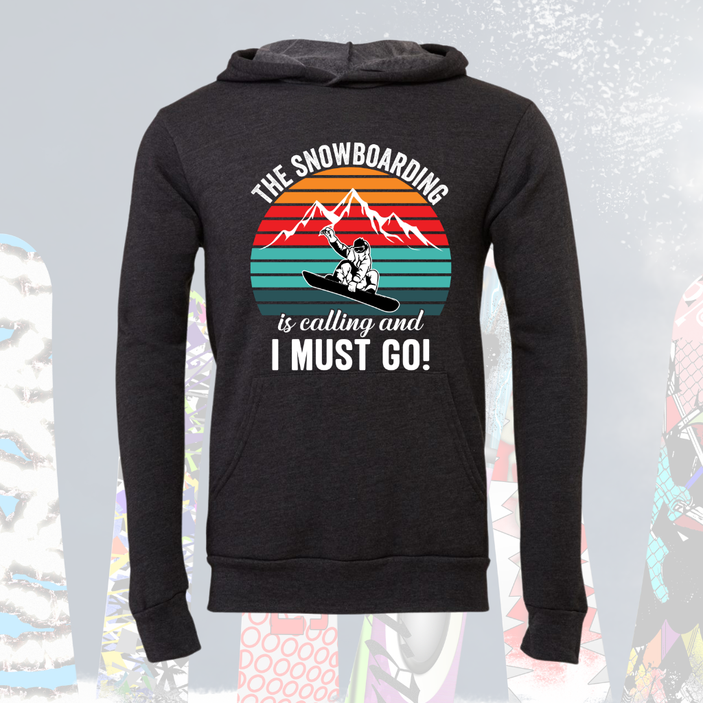 Unisex snowboarding hoodie with colorful mountain design, perfect for chilly days.