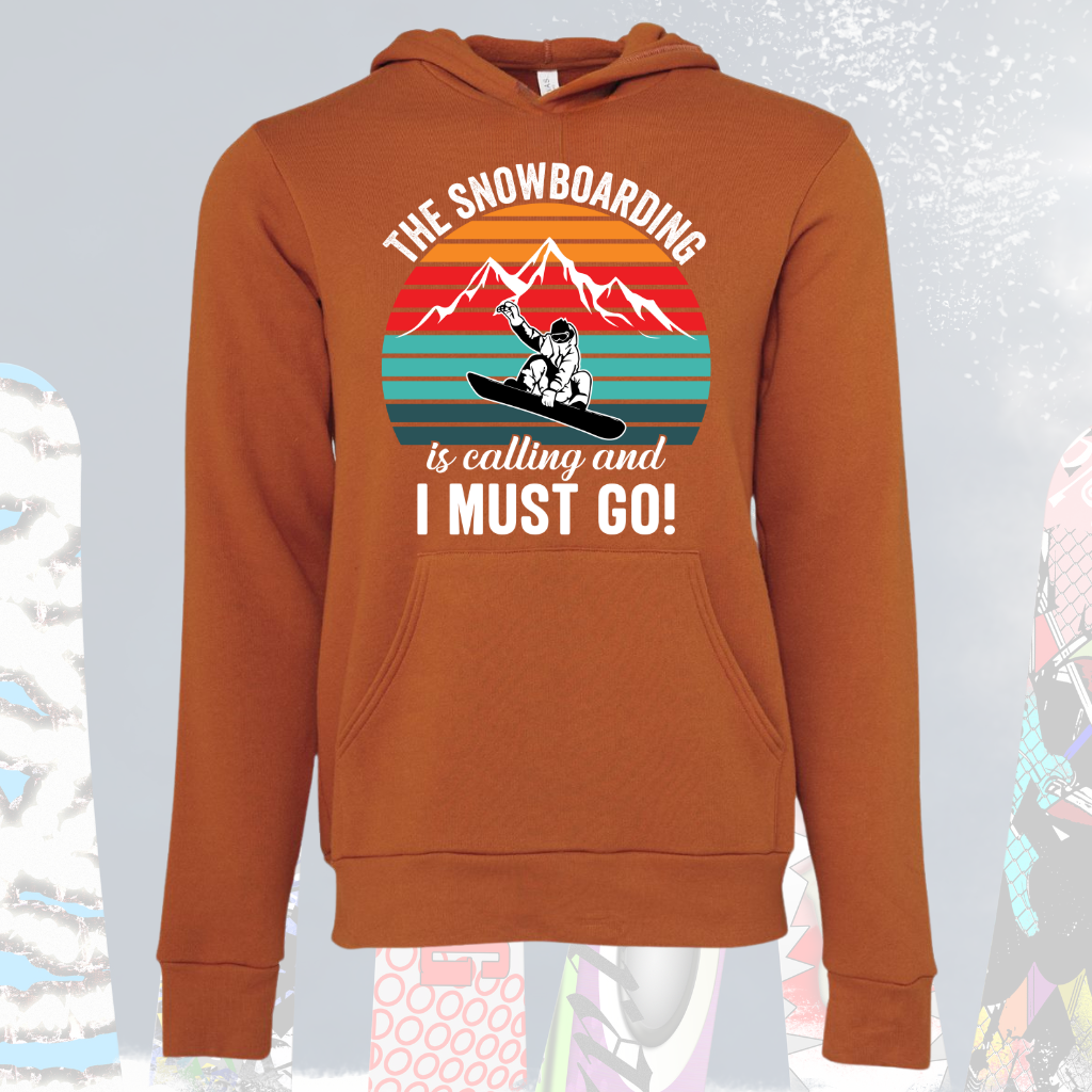 Unisex snowboarding hoodie with mountain design in autumn color.