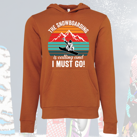 Unisex snowboarding hoodie with mountain design in autumn color.