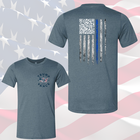 Unisex blue Trump Dancing Shirt with American flag and QR code featuring Trump's dance moves