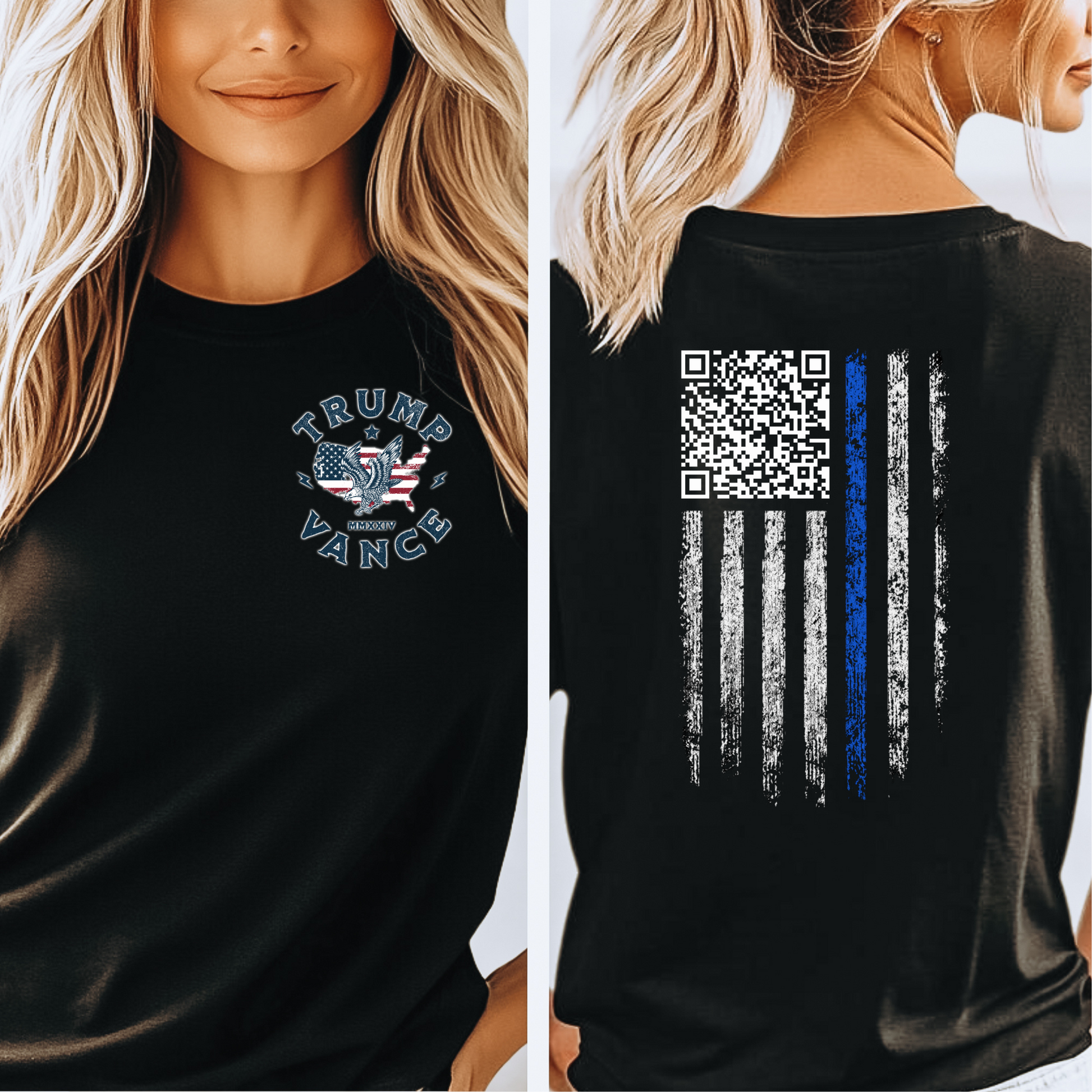 Trump Dancing Shirt with American flag and QR code revealing Trump's dance moves, unisex black casual tee