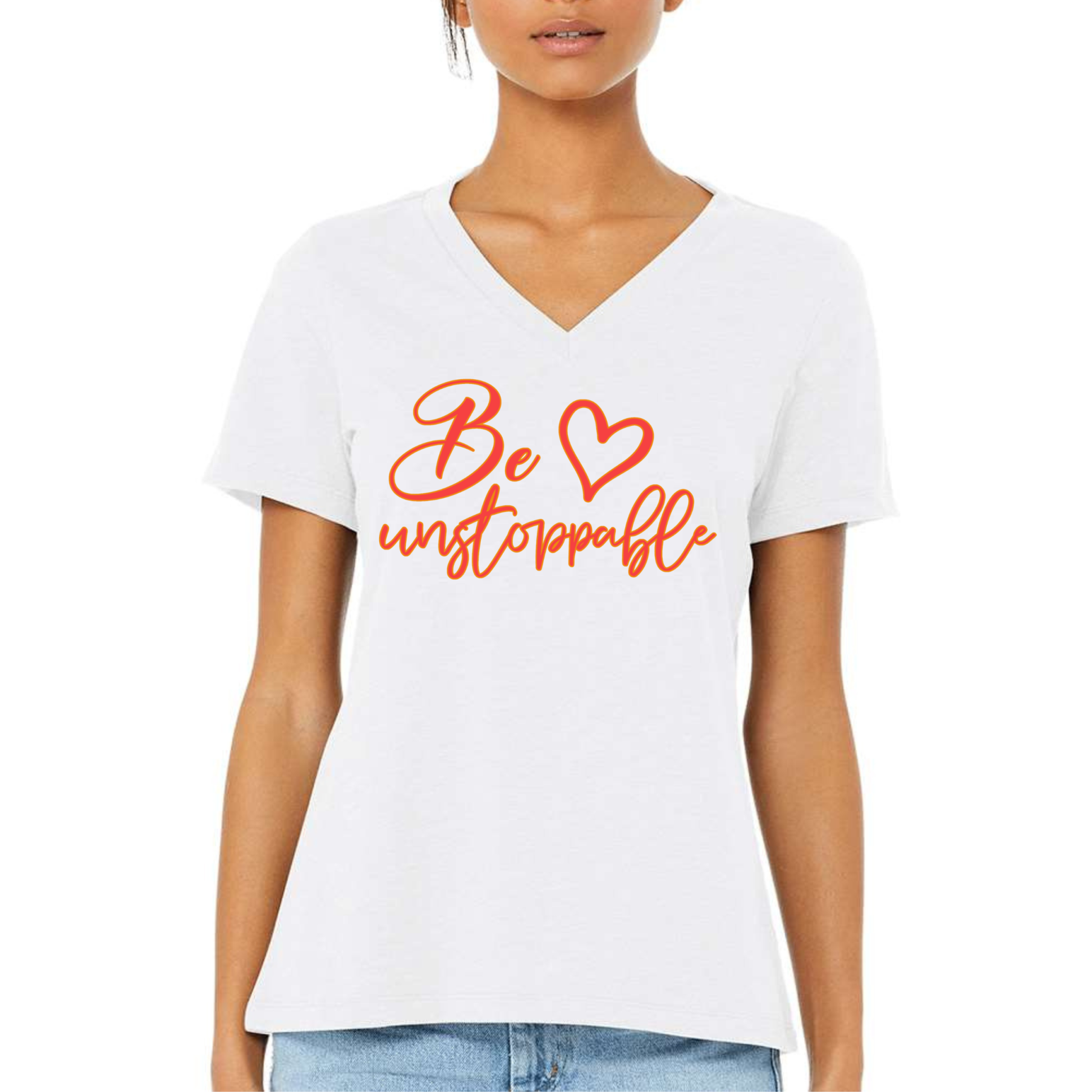 Fire red Be Unstoppable Women’s V-Neck Tee with golden script and heart detail