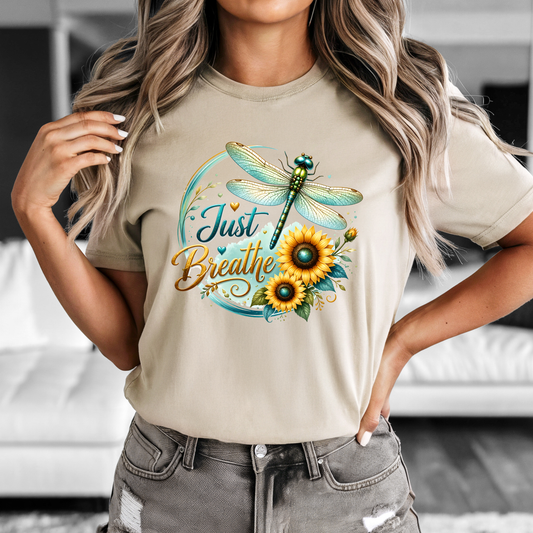Just Breathe Sunflower Tee – Dragonfly & Sunflower Inspirational Shirt for Women