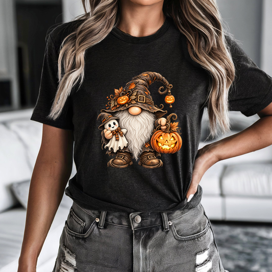 Halloween Gnome with Ghost & Pumpkin Tee for Women