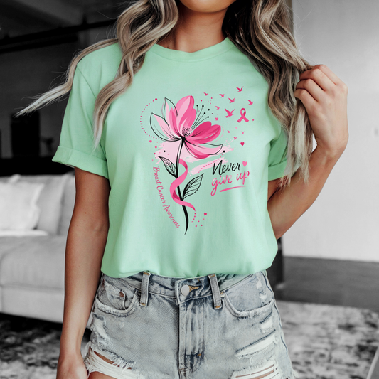 Never Give Up Floral Breast Cancer Awareness Tee for Women