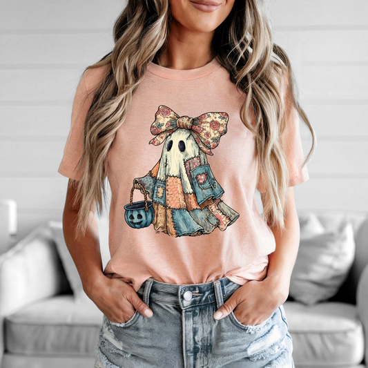 Patchwork Ghost Girl Halloween Tee for Women