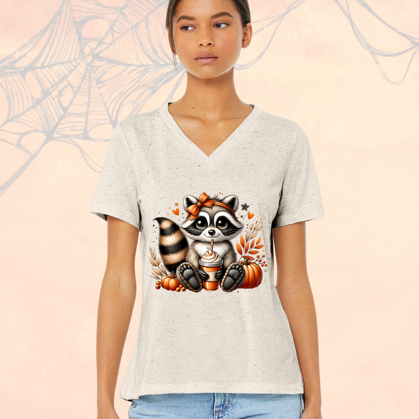 Racoon Pumkin Spice Womens V Neck Shirt