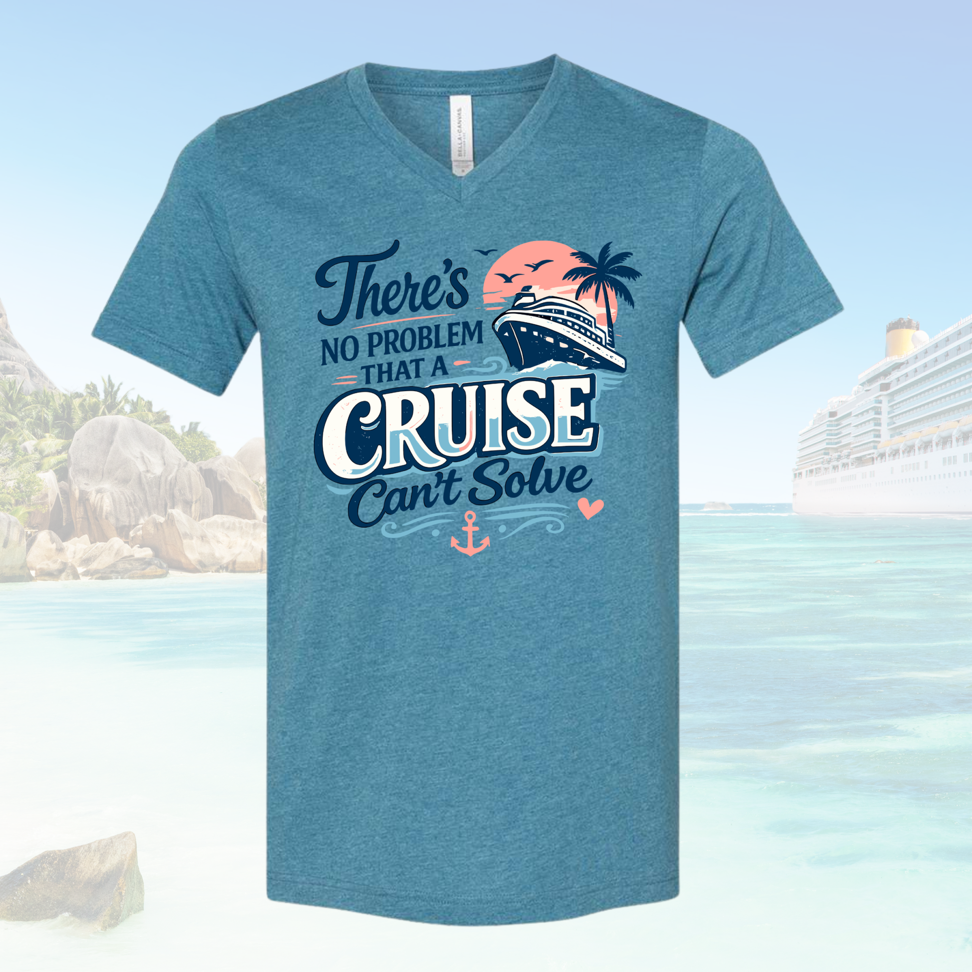 Women's V-neck tee with "There's No Problem That a Cruise Can't Solve" nautical design in coastal colors