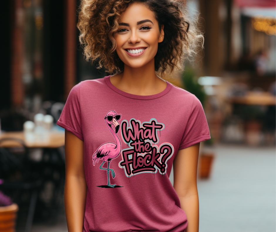 What The Flock T Shirt with bright flamingo design, casual fit, worn by smiling person outdoors.