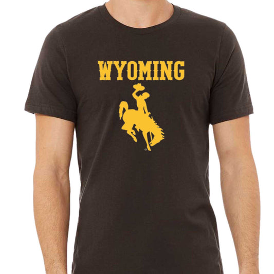 Wyoming Cowboys Shirt featuring official logo, brown and old gold colors, University of Wyoming apparel.