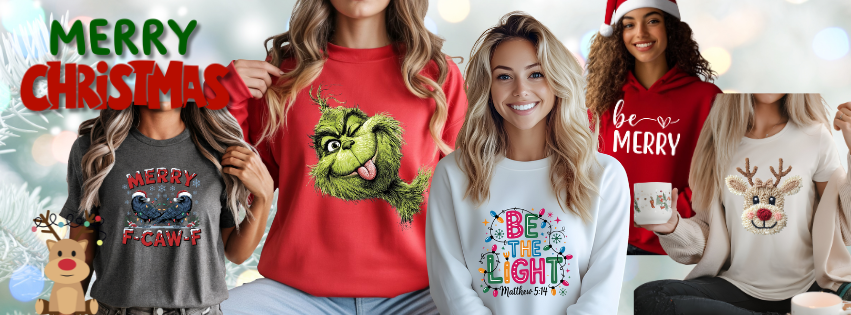 Collection of Christmas-themed clothing with graphics and text on a festive background