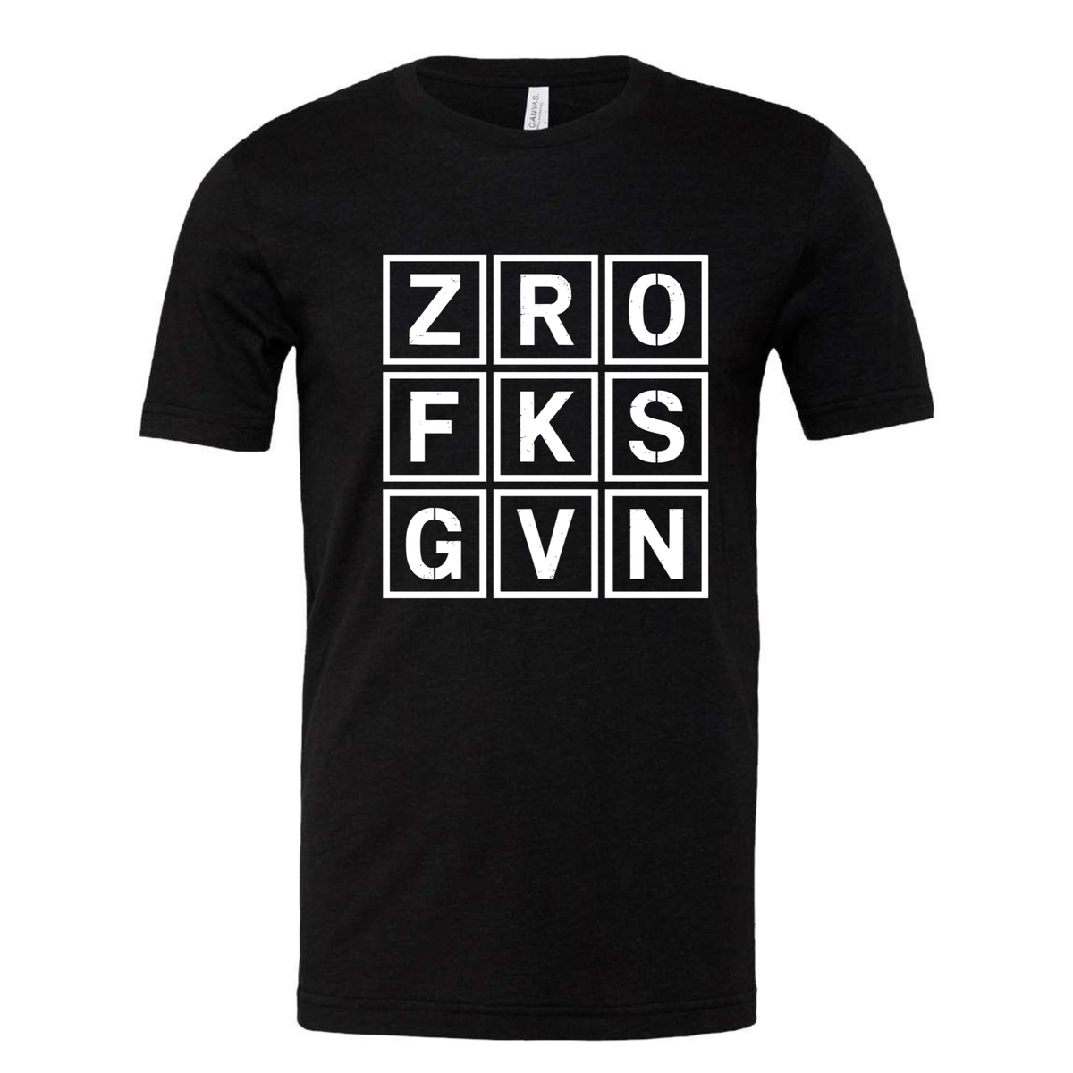 adult humor shirt in black cotton with a white boxed letter-grid graphic spelling ZRO FKS GVN