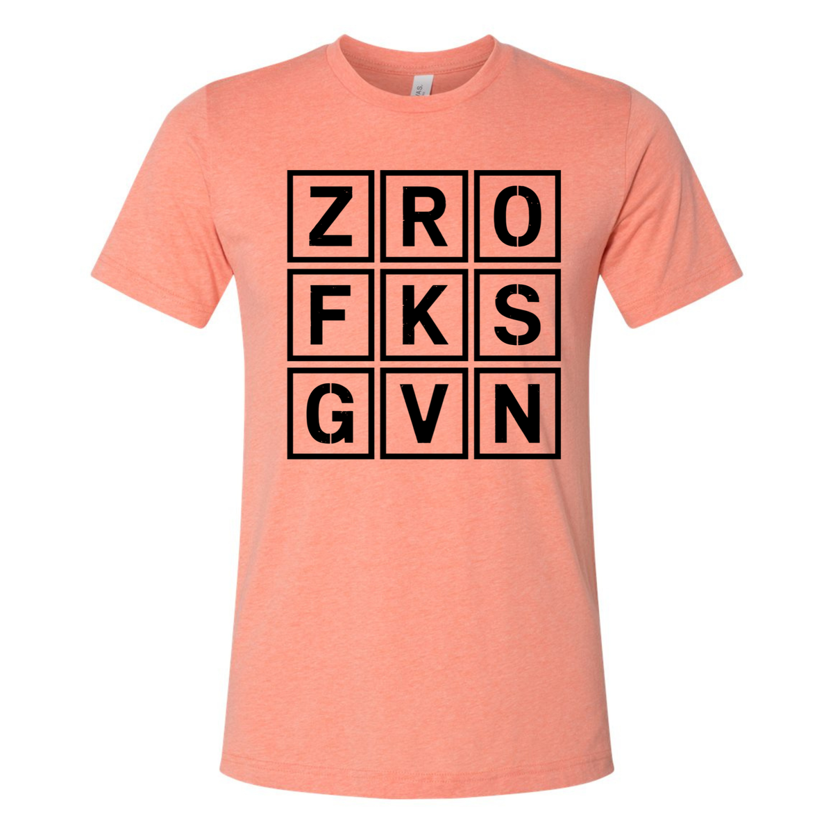 Adult humor shirt in coral cotton with a black letter-grid graphic spelling ZRO FKS GVN on the front