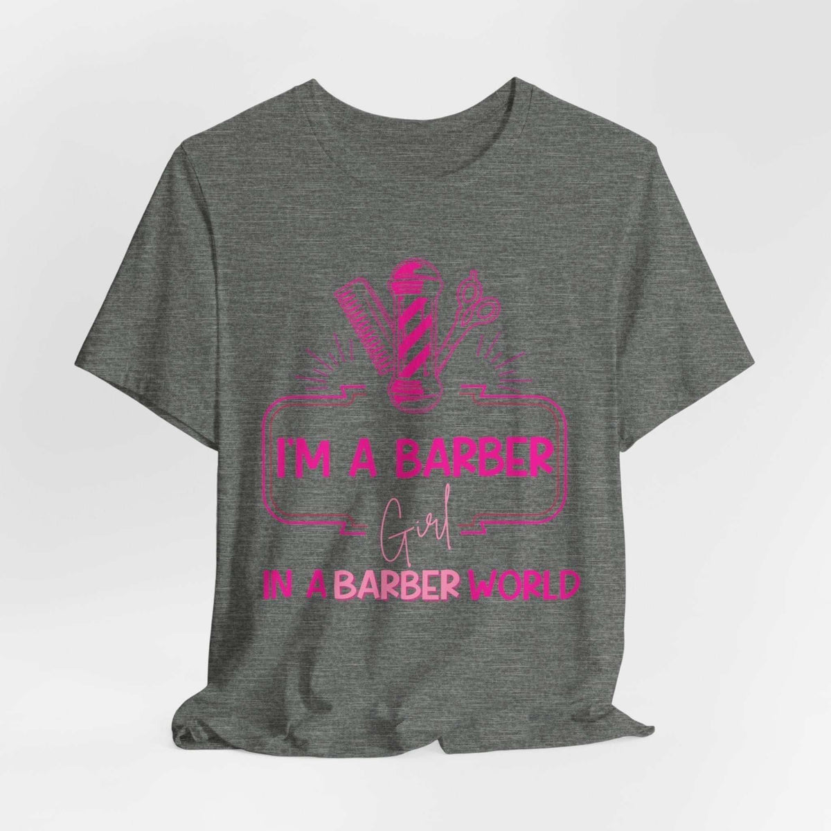 Barber Girl Tee in charcoal heather fabric with bright pink barber pole, comb, shears and slogan graphic