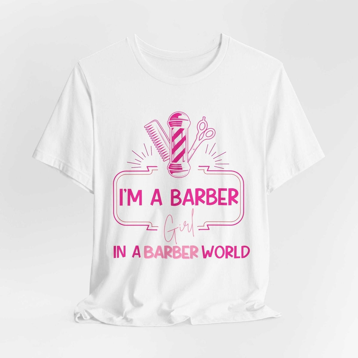Barber Girl Tee in white cotton blend with bright pink barber pole, comb, shears and bold barber world lettering