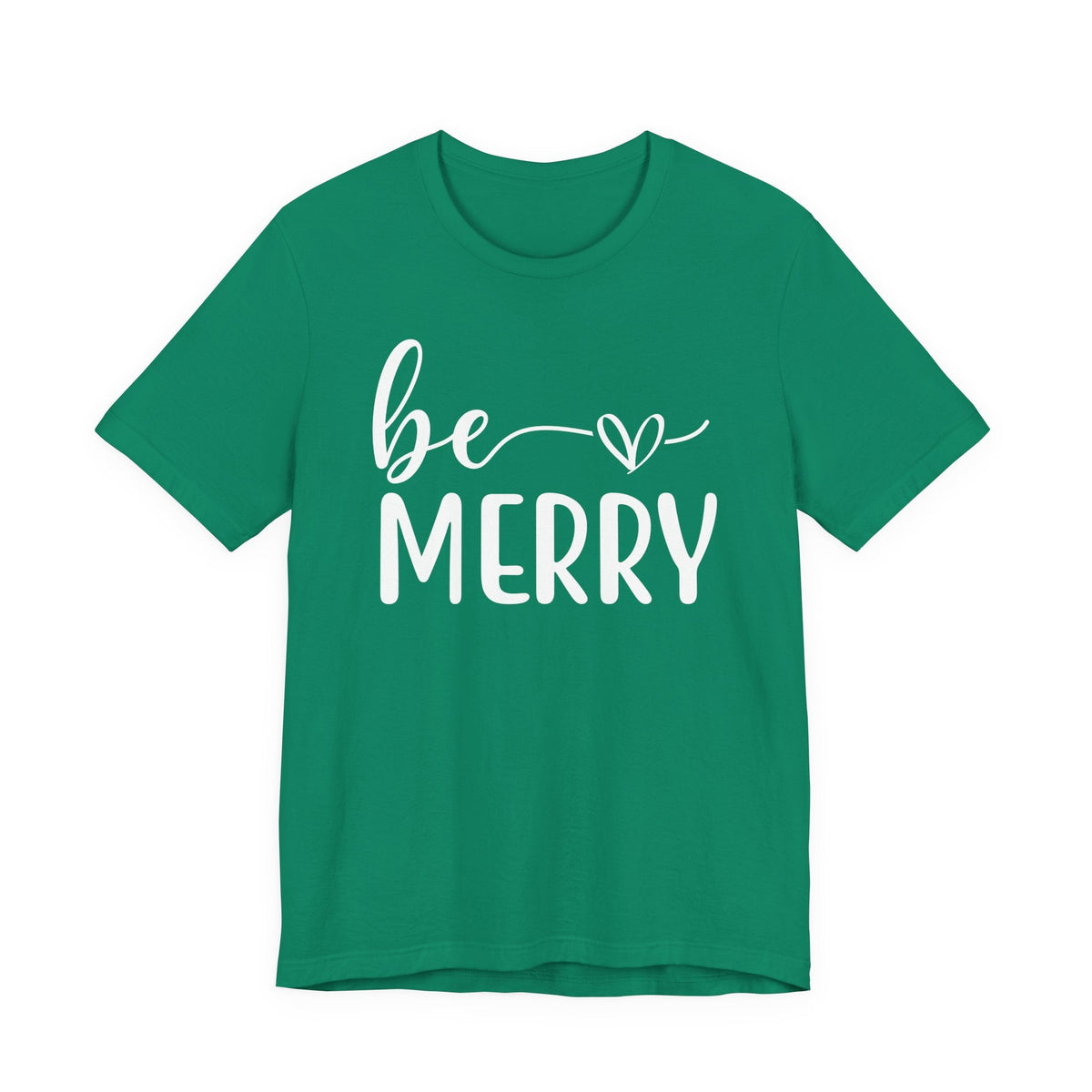 Be Merry Christmas Graphic Tee in green with short sleeves, crew neck, and white script and block lettering with heart detail