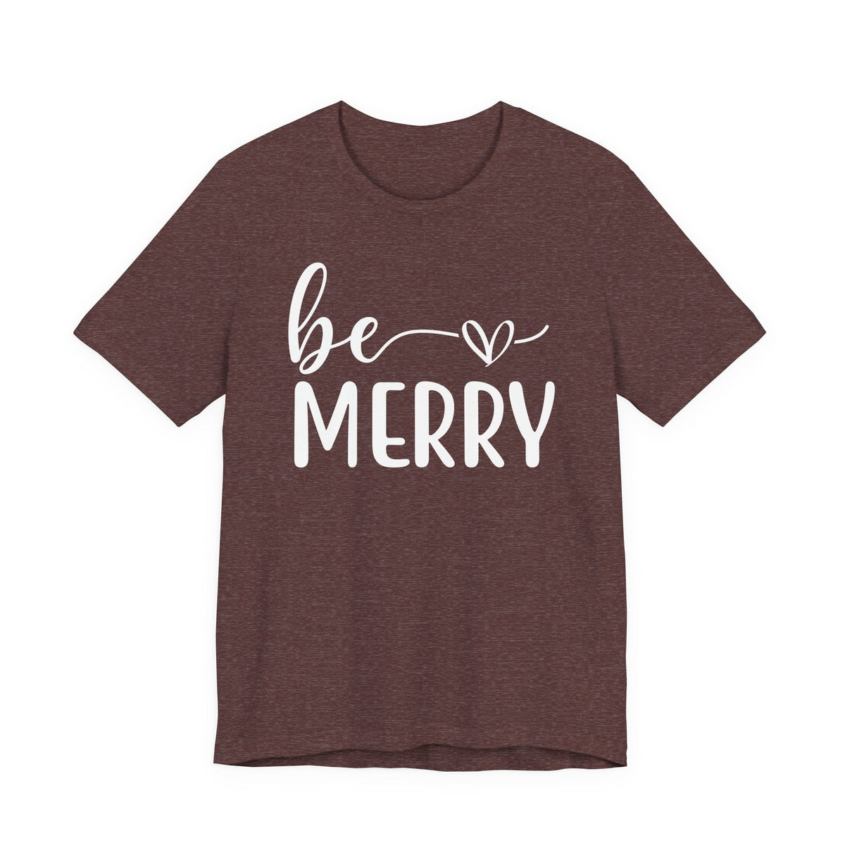 Be Merry Christmas Graphic Tee in heather maroon with white script and block lettering and a heart detail