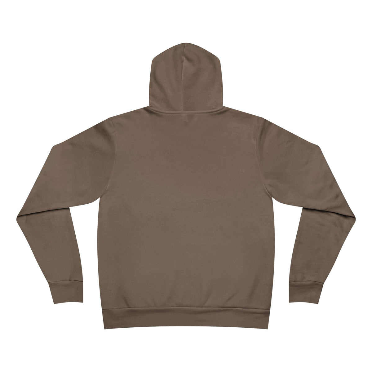 Hoodie in solid taupe-brown fleece, shown from the back with a hood and ribbed cuffs and hem; positive quote hoodies.