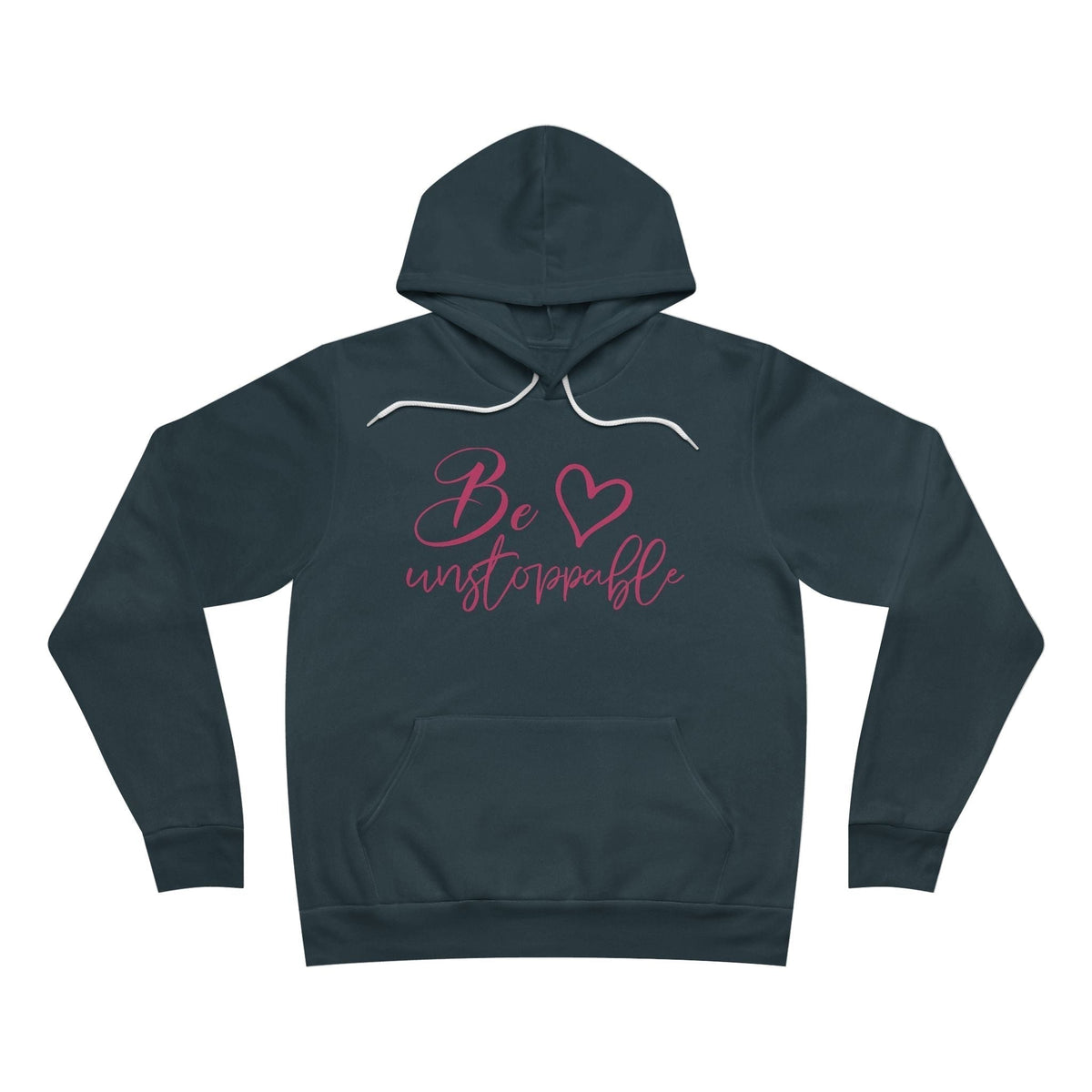 Pullover hoodie in dark charcoal fleece with white drawstrings and pink “Be unstoppable” heart script, one of the positive quote hoodies.