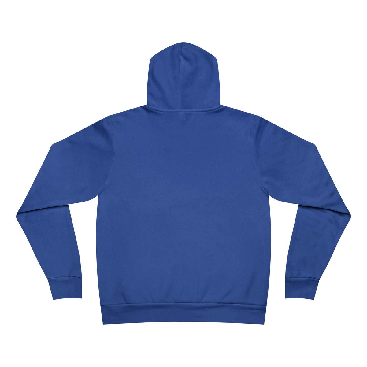Pullover hoodie for positive quote hoodies, solid royal blue fleece with a hood, ribbed cuffs and hem, shown from the back.