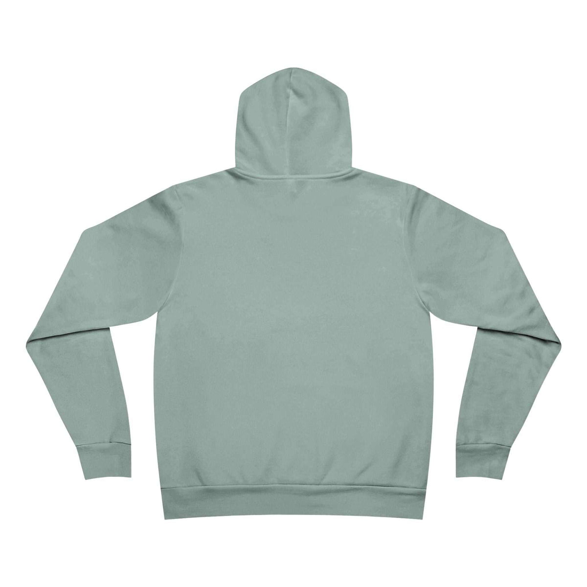Pullover hoodie in muted sage green fleece, shown from the back with a plain design and ribbed cuffs and hem; positive quote hoodies