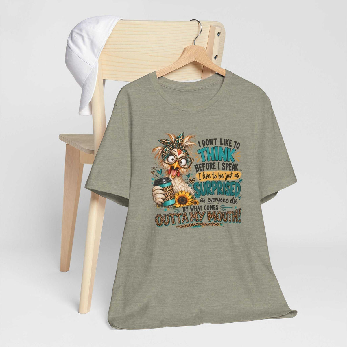 chicken shirts funny gray-green cotton T-shirt with a colorful chicken wearing glasses, coffee cup and humorous text