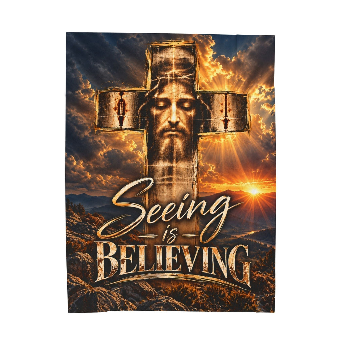 Christian faith blanket in bronze and charcoal velveteen, featuring a cross with a face, glowing clouds and “Seeing Is Believing” text