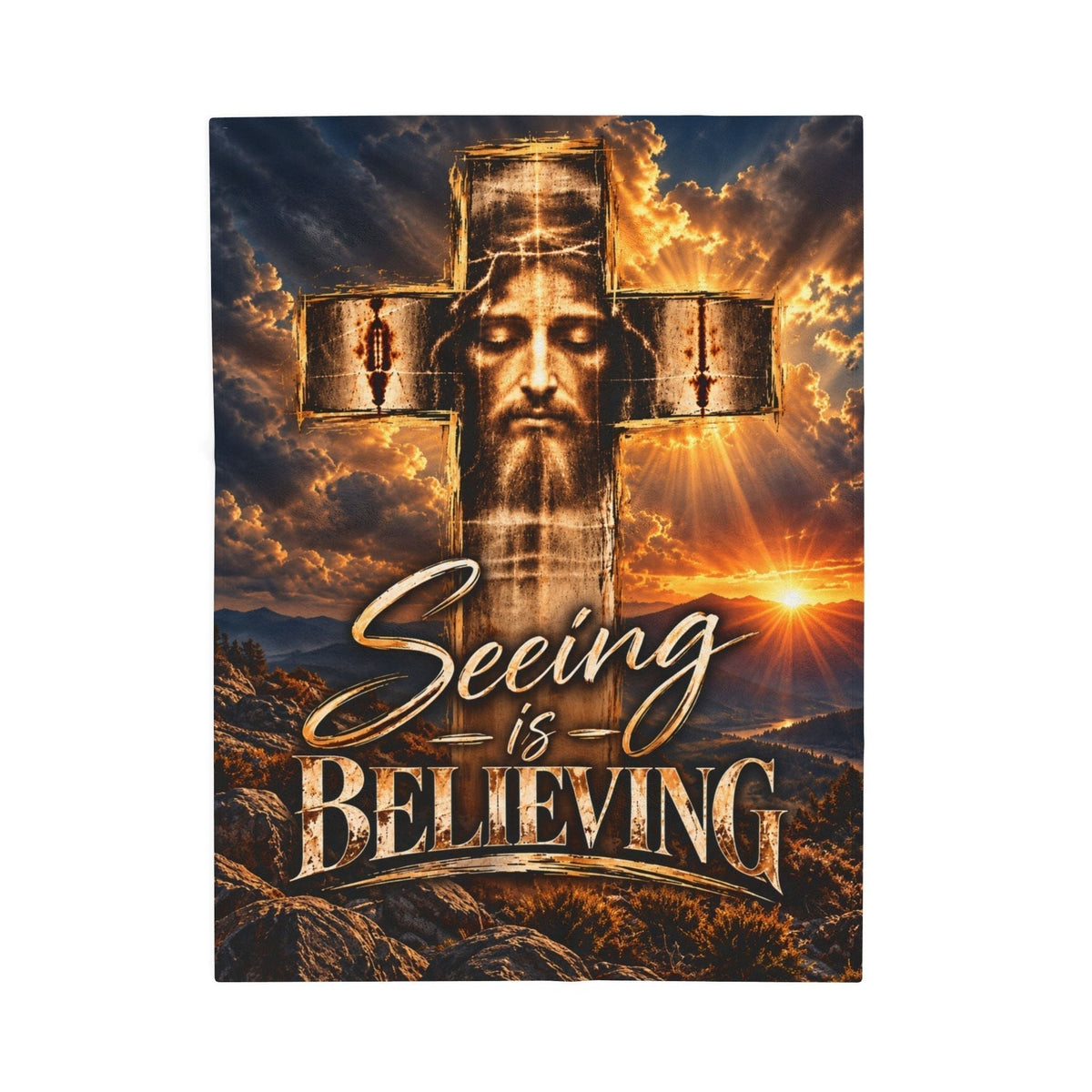 Christian gifts for women blanket with a sepia Shroud of Turin-inspired cross, fiery clouds, golden rays and lettering