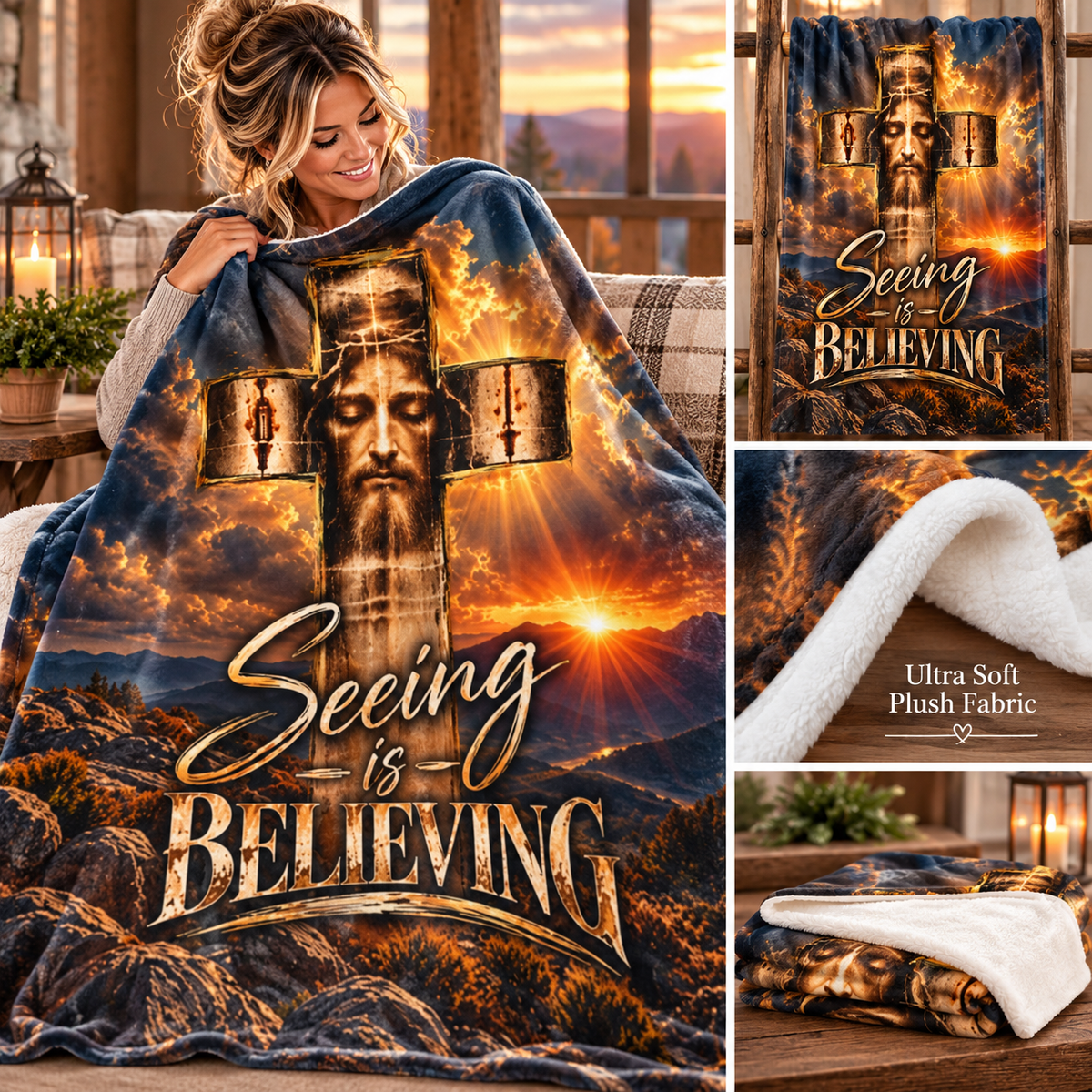 Velveteen plush blanket in charcoal, bronze and gold, featuring a Shroud-inspired face, cross, clouds and “Seeing Is Believing”; christian gifts for women
