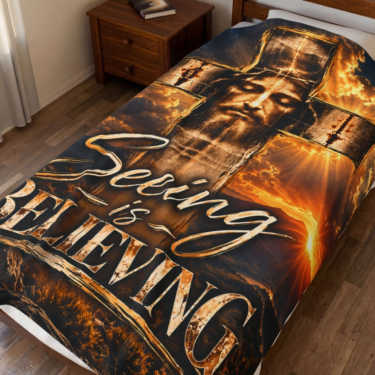 Christian blanket for christian gifts for women, soft plush with bronze and gold Shroud-inspired face, cross and “Seeing Is Believing” text