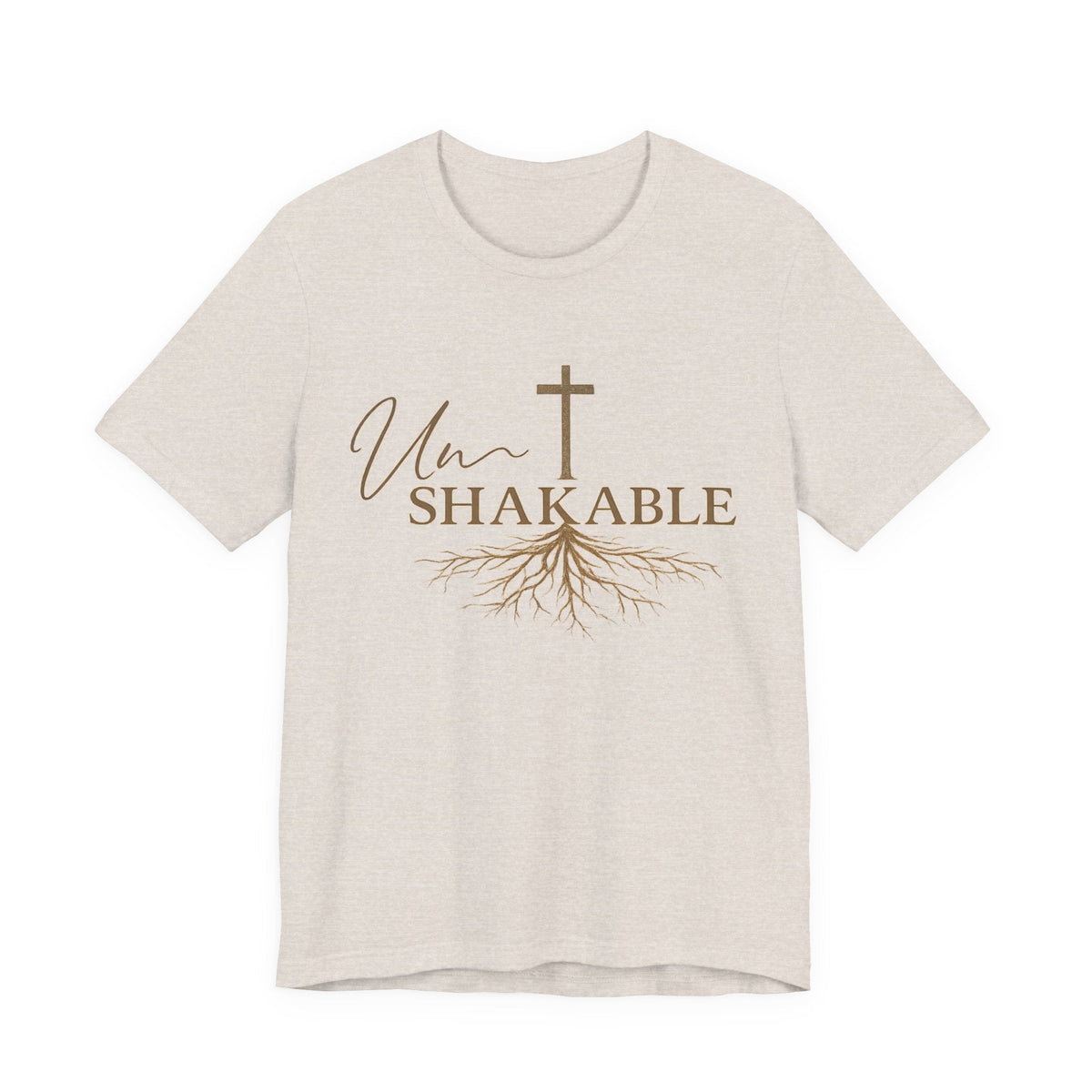 christian tshirts for women in cream cotton with brown Unshakable lettering, a cross, and flowing root design