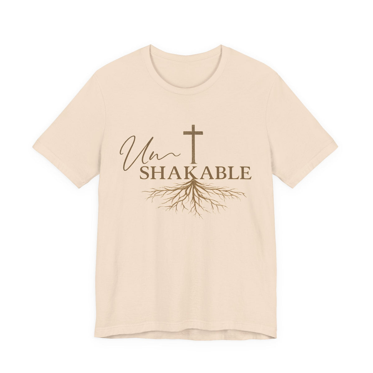 christian tshirts for women cream cotton T-shirt with brown Unshakable lettering, cross, and flowing root graphic