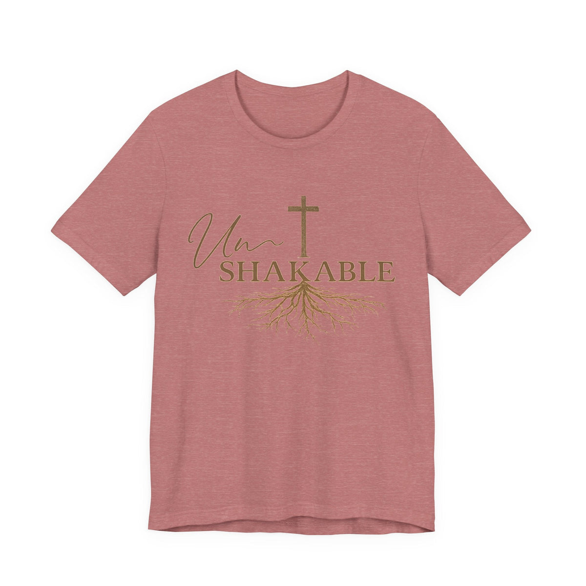 Christian tshirt in dusty rose heathered fabric with an olive cross, flowing roots and Unshakable lettering, for christian tshirts for women