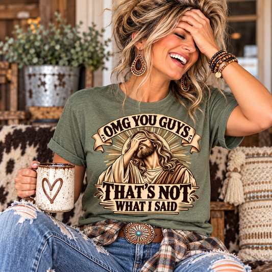 Christian tshirts for women olive green graphic tee with cream and brown Jesus facepalm design and humorous lettering