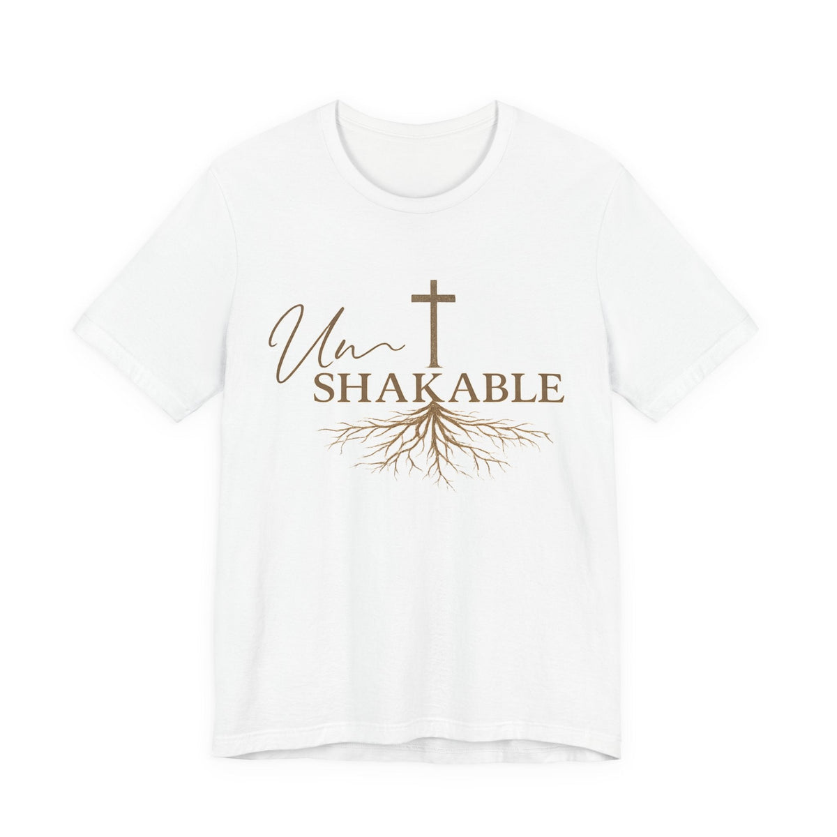 Christian tshirt in white cotton with brown Unshakable lettering, a cross, and flowing root design; christian tshirts for women