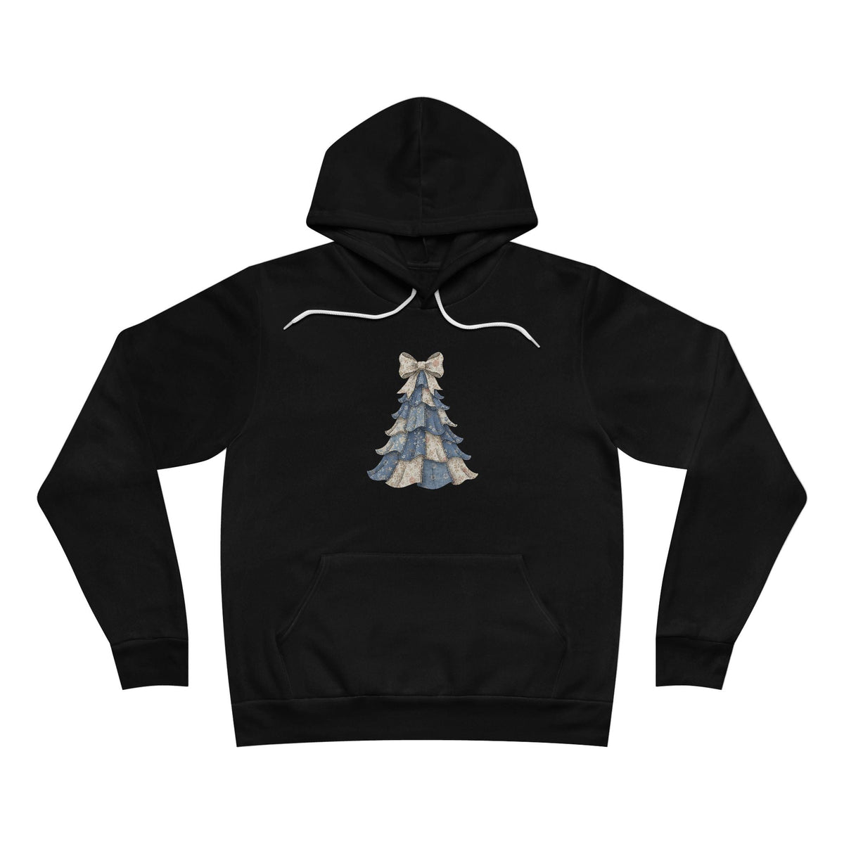 Hoodie in black with a small blue denim-style patchwork Christmas tree graphic and a decorative bow, christmas ideas for mom