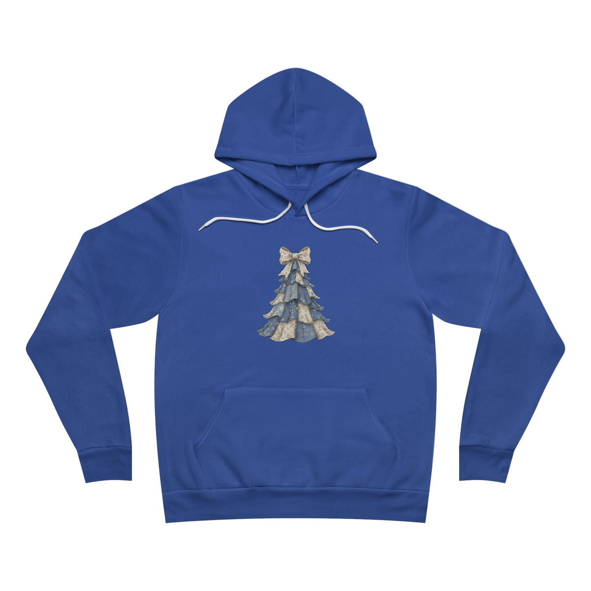 Blue hoodie with a vintage denim patchwork Christmas tree and bow, a cozy christmas ideas for mom gift