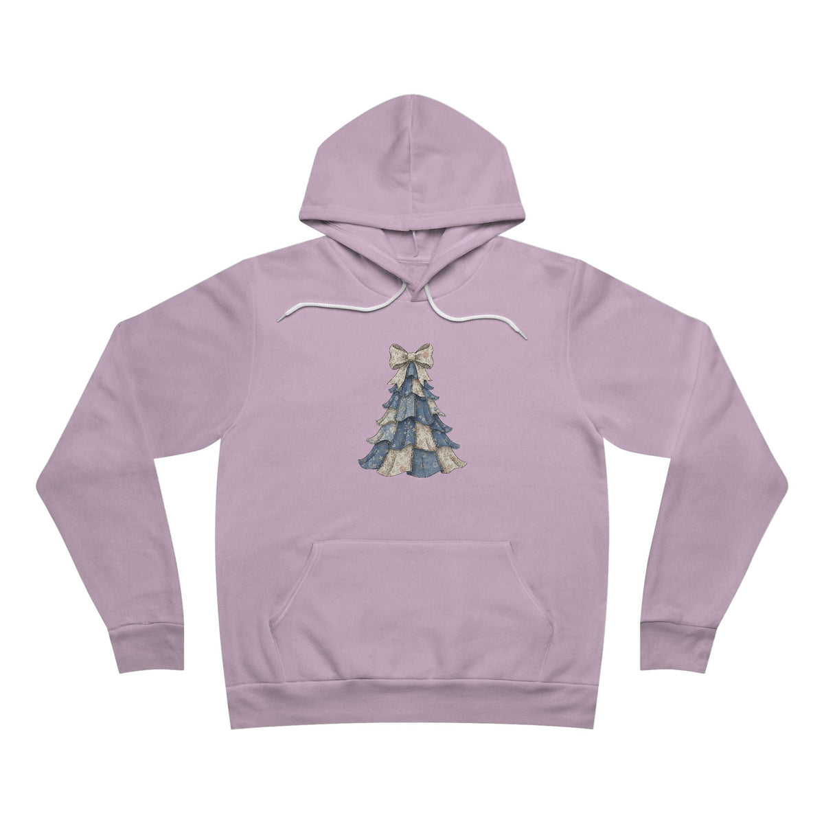 Hoodie in dusty mauve with a blue denim-style patchwork Christmas tree graphic and coordinating bow, christmas ideas for mom