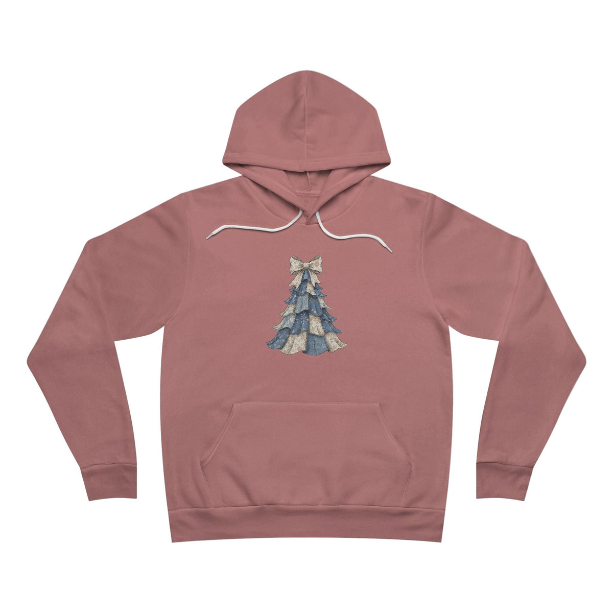 Christmas hoodie for christmas ideas for mom in dusty rose with a denim-blue floral patchwork tree and bow
