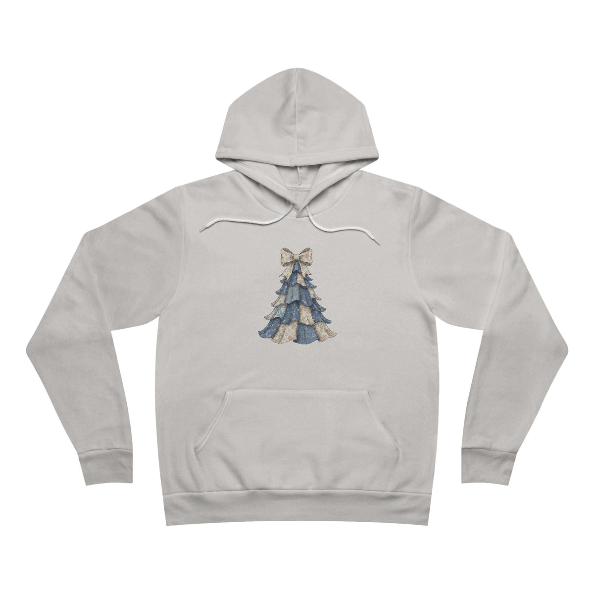 christmas ideas for mom: Light gray hoodie with a blue floral patchwork Christmas tree graphic and decorative bow