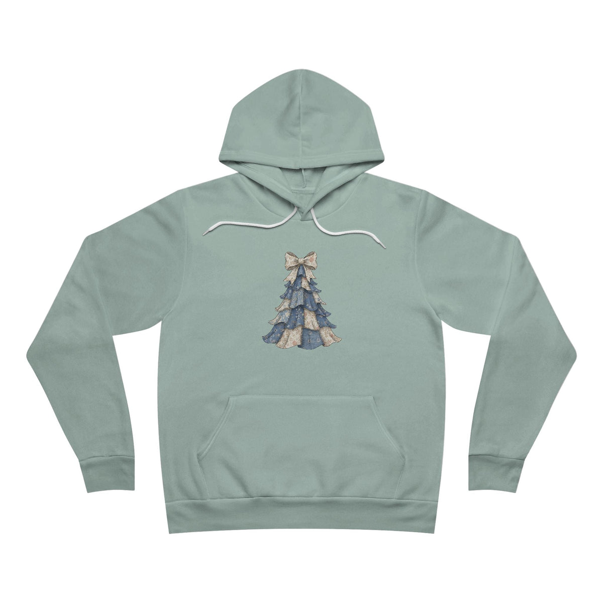 Hoodie in muted sage green with a small blue patchwork Christmas tree and bow, a cozy christmas ideas for mom gift