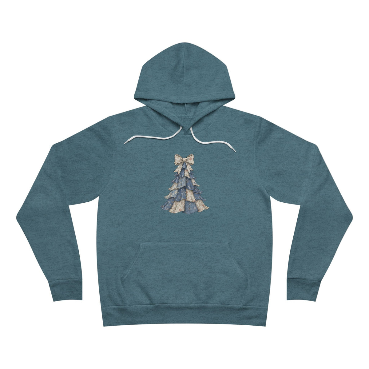 Hoodie in muted teal fleece with a small blue floral patchwork Christmas tree and bow, christmas ideas for mom
